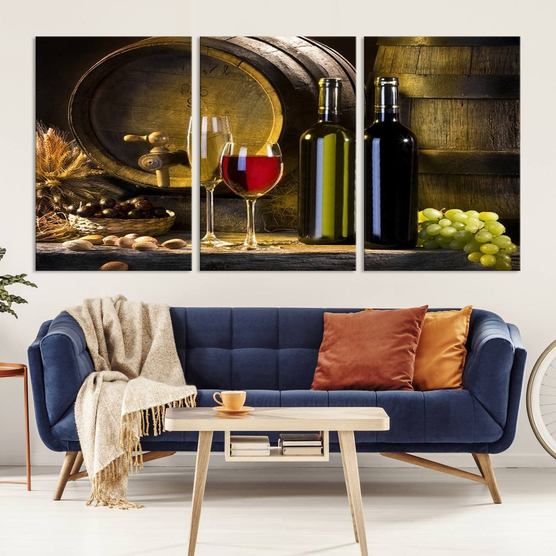 Explore the "Wall Art Red and White Wine with Bottles and Tun Canvas Print," a triptych on gallery-wrapped, museum-quality canvas. Featuring a wine barrel, bottles, and a glass of red wine, it includes a UV-protective coating for lasting vibrancy.