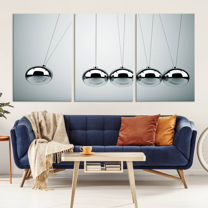 Newton's Cradle Motion Art, Modern Minimalist Metal Sphere Wall Art, Physics-Inspired Kinetic Energy Canvas Print for Office and Home Decor