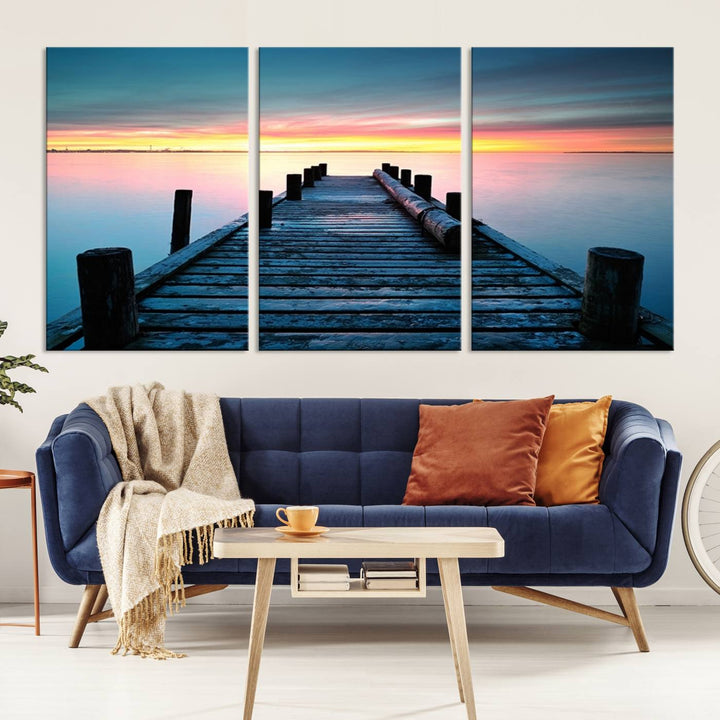 Wall Art Vintage Wooden Pier on Sea at Sunset Canvas Print