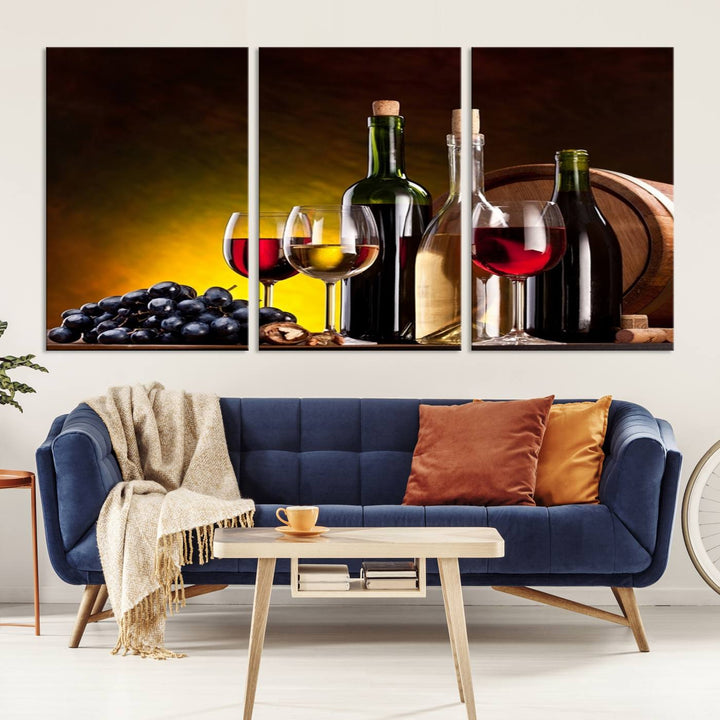 The "Red and White Wine Canvas Print" is a multi-panel design displaying bottles and glasses, adding a professional craftsman's touch to the living room.