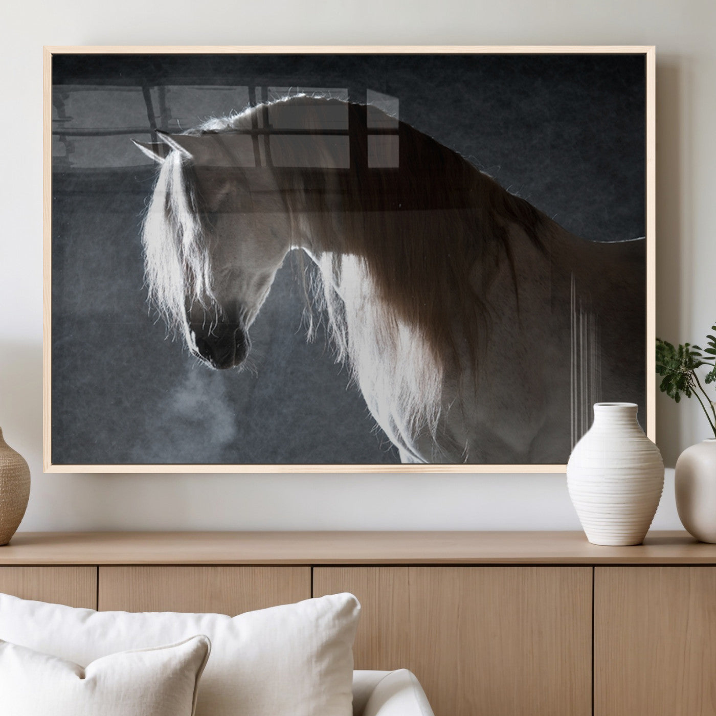MGV-FP-60X30-3P - Large Wall Art Cream Colored Horse on Grey Background Canvas Print