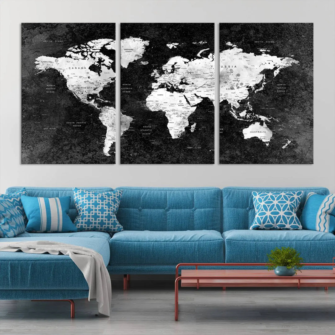 Modern Grayscale World Map 3-Panel Canvas Art | Ready to Hang, Framed | Stylish Minimalist Wall Décor for Home, Office, Living Room, or Study Spaces 