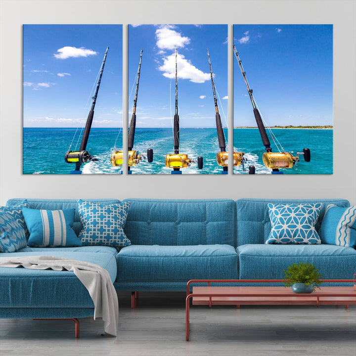 Fishing Roads on Boat Canvas Wall Art Print Ocean Seascape Art Print