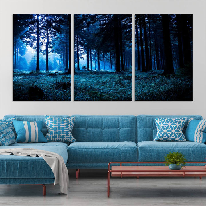 Arte de pared de bosque oscuro místico, lienzo de bosque grande, lienzo de paisaje, arte de pared de múltiples paneles, conjunto de lienzo grande de 3 piezas enmarcado