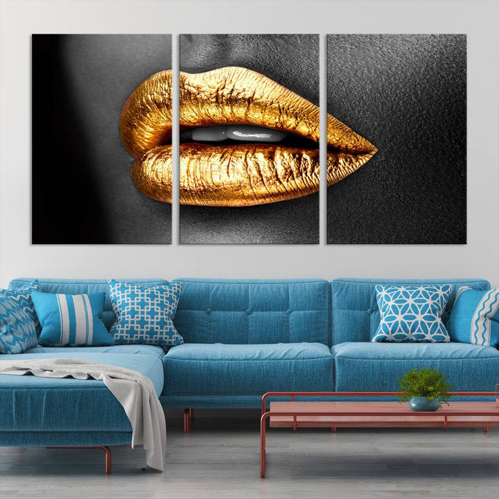 Gold Lips Canvas Wall Art Print Makeup Wall Art Fashion Beauty Canvas Print