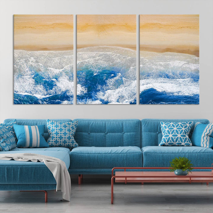 Maravilloso lienzo de playa aérea, impresión artística de pared, paisaje de playa, arte oceánico, pintura abstracta grande, lienzo original enmarcado listo para colgar obras de arte para sala de estar, cocina, dormitorio, decoración del hogar