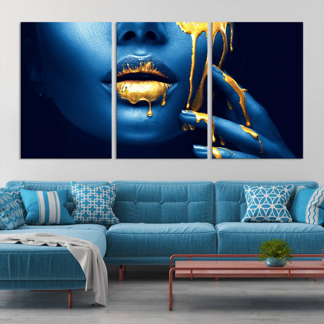 Neon Blue Gold Lips Photography Canvas Wall Art Print Fashion Art Beauty