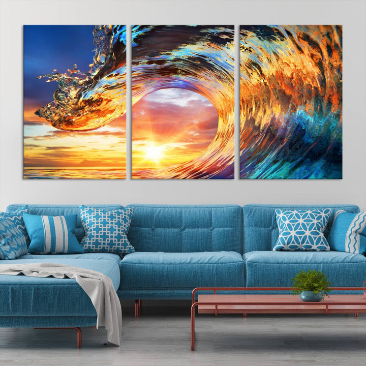 Wave Canvas Wall Art – Multi-Panel Sunset Ocean Scene – Bold and Vibrant Decor for Living Room or Office – Ready to Hang