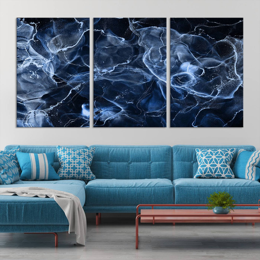 Arte de pared grande con efecto ahumado de mármol azul, lienzo abstracto moderno, impresión artística de pared