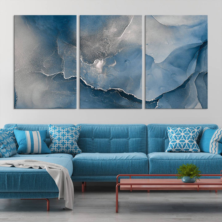 Arte de pared grande con efecto fluido de mármol gris azul, lienzo abstracto moderno, impresión artística de pared