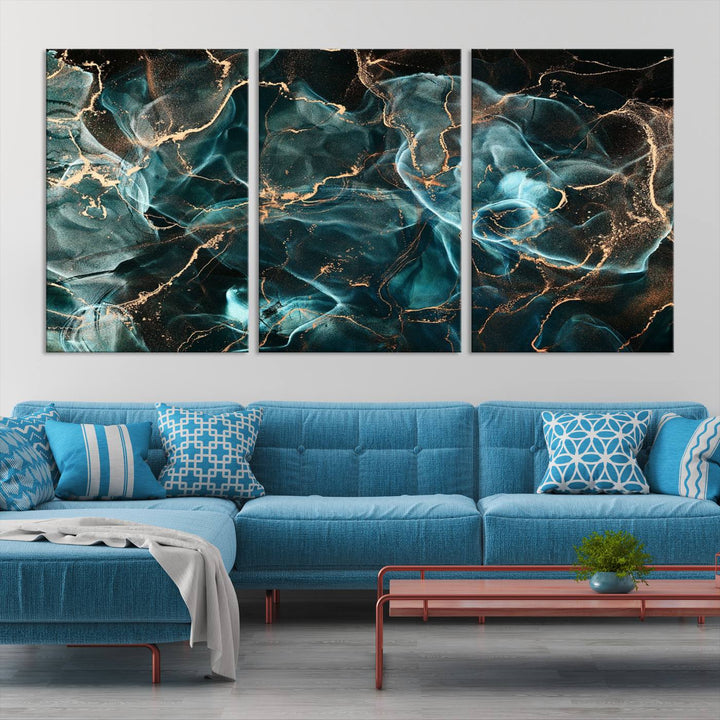 Neon Blue Marble Smokey Effect Wall Art Abstract Canvas Wall Art Print