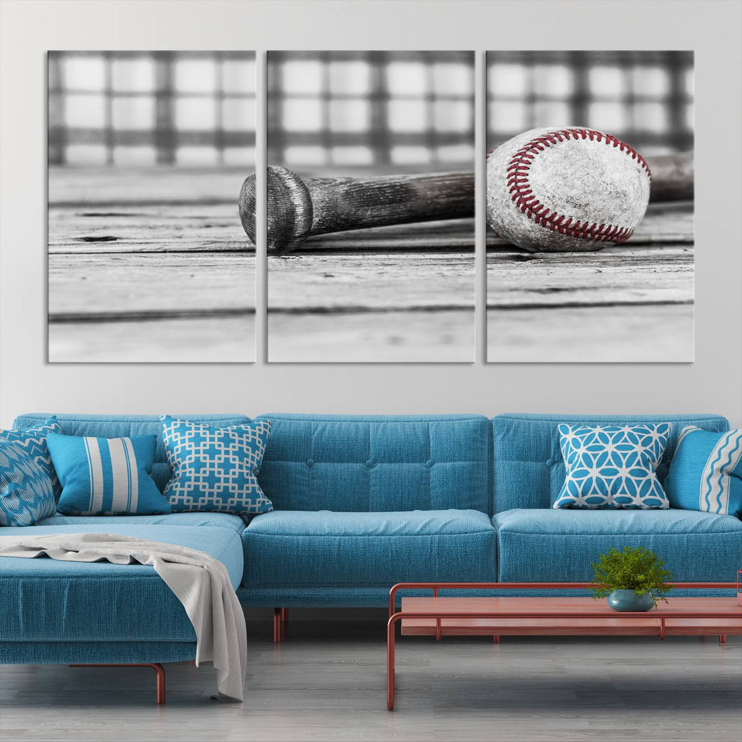 Lienzo de béisbol vintage para pared, impresión de béisbol, arte imprimible, arte retro, deportes, arte de pared, impresión en lienzo grande, varias piezas enmarcadas listas para colgar, juego de 3 paneles de lienzo, fotografía en blanco y negro