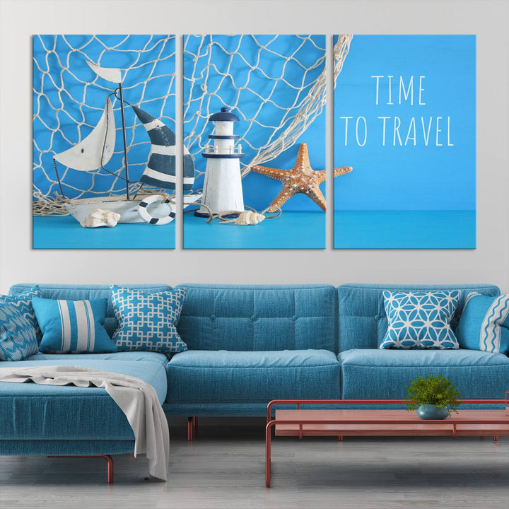 Sailing Boat Starfish and Lighthouse Wall Art Canvas Print