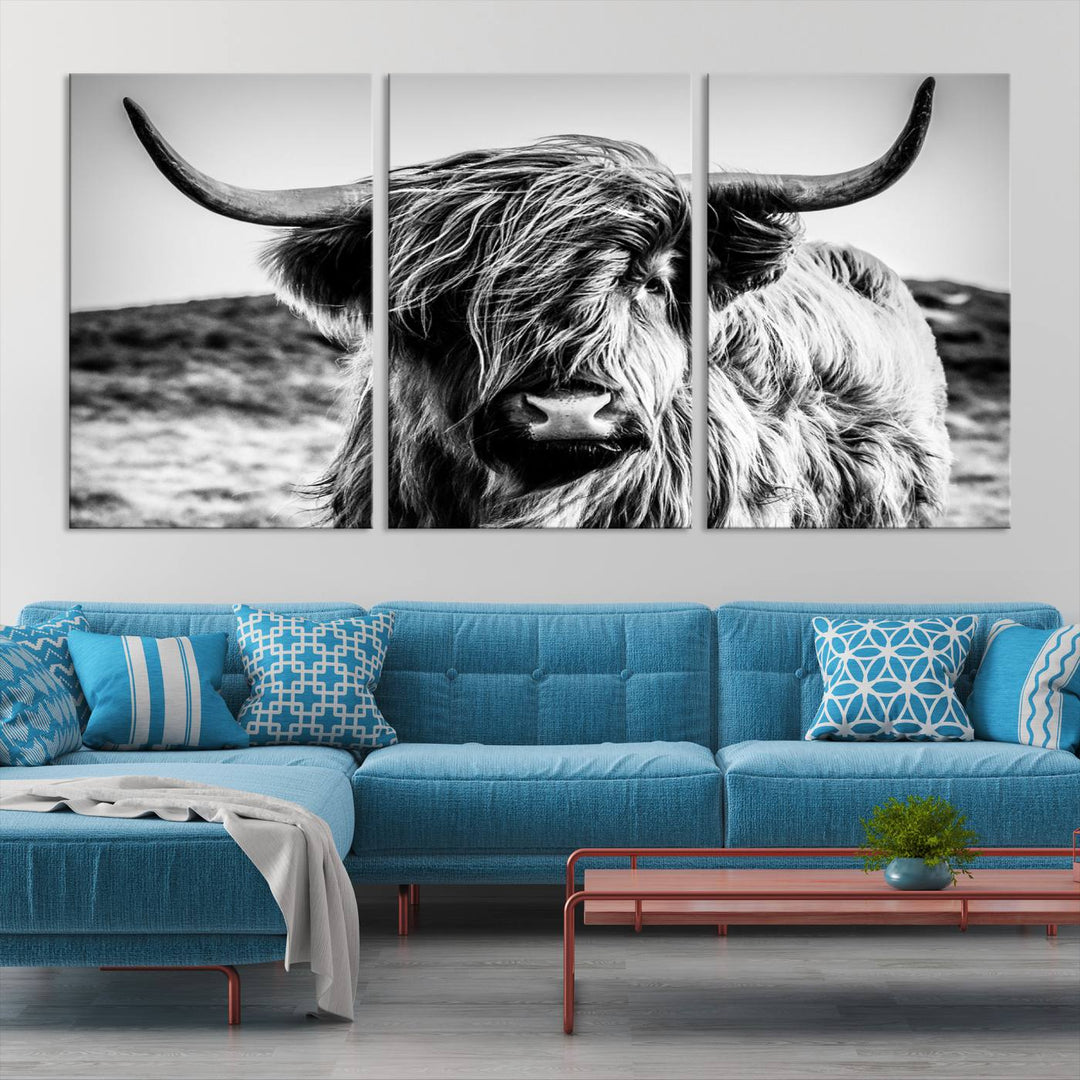 Highland Cow Wall Art | 3-Panel Black and White Highland Cow Canvas Print for Western Farmhouse Decor | Large Framed Giclee Canvas for Living Room