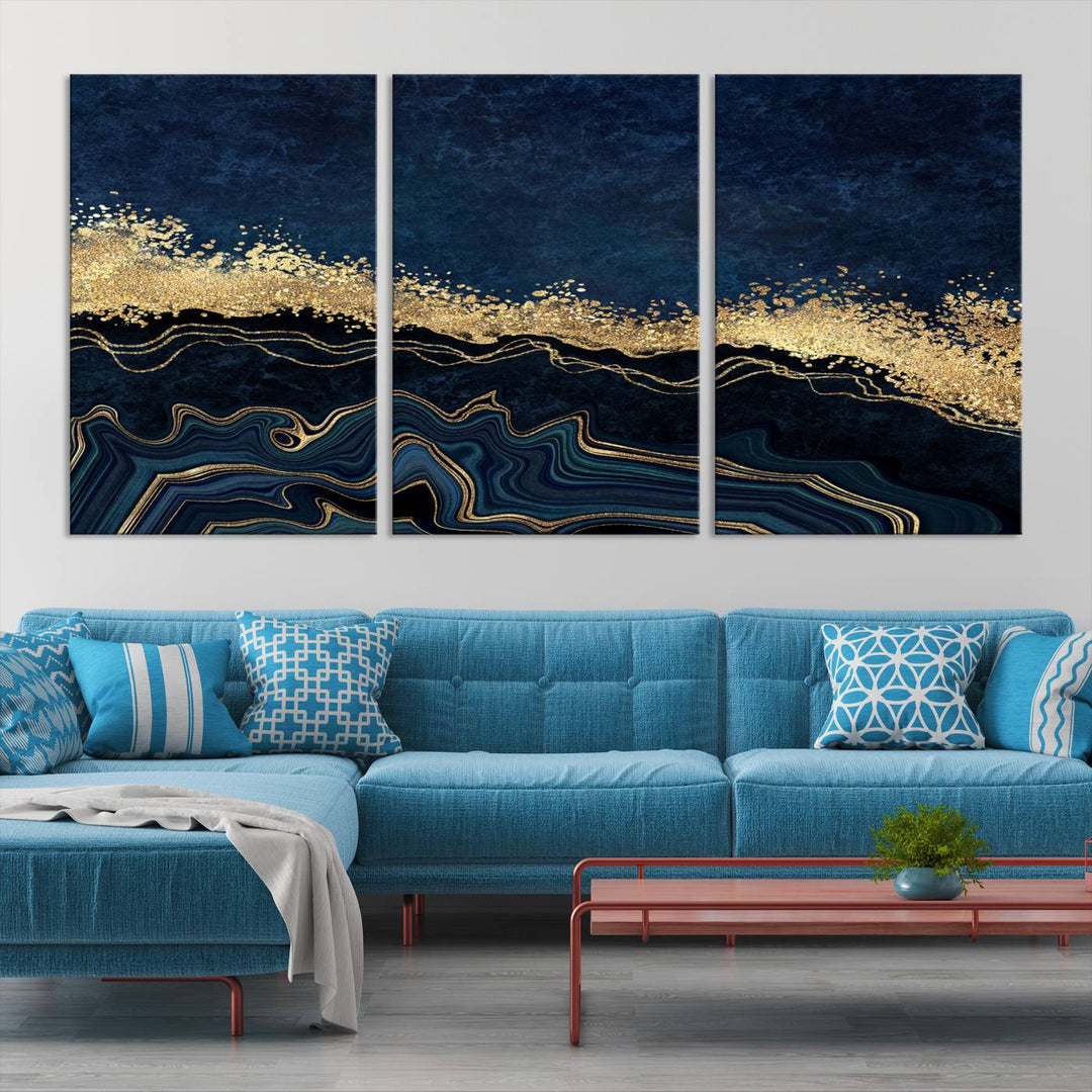 Navy Blue Marble Fluid Effect Large Wall Art Modern Abstract Canvas Wall Art Print