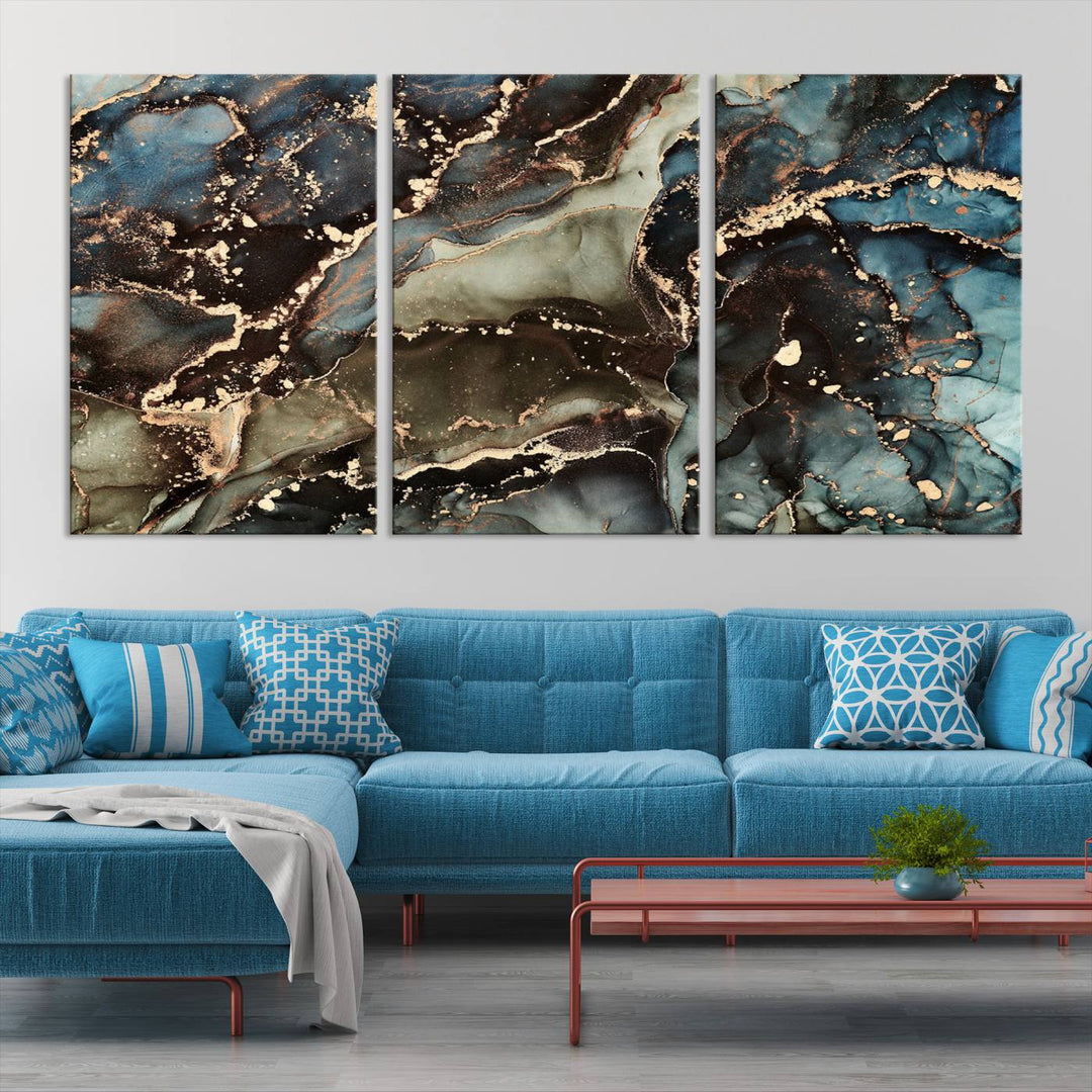 Black and Blue Marble Fluid Effect Wall Art Abstract Canvas Wall Art Print