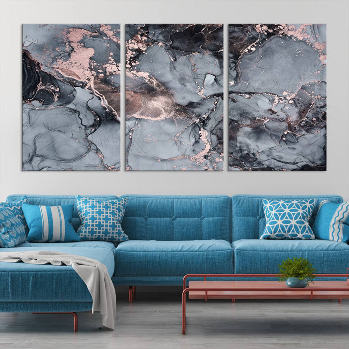 Gray and Rose Gold Marble Fluid Effect Wall Art Abstract Canvas Wall Art Print