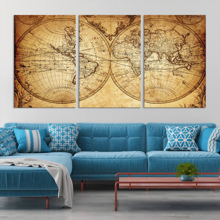 Vintage World Map Wall Art | 3-Panel Canvas Print for Living Room, Office, or Study | Giclee Canvas with Antique Design