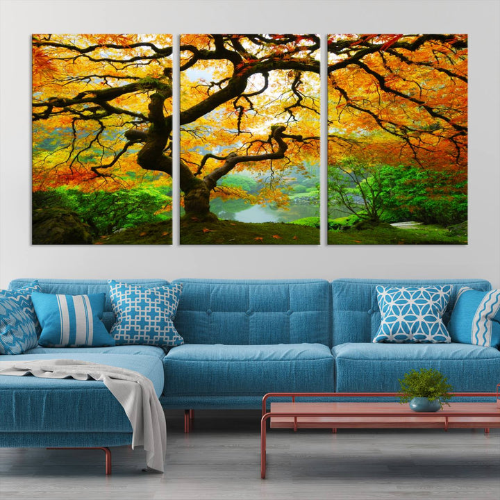 Portland Japanese Maple Tree Canvas Wall Art – Nature Landscape Print – Framed and Ready to Hang for Living Room or Office Decor