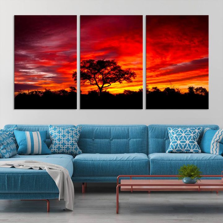 Red Sunset Landscape Artwork Printing, Forest Tree Wall Art Canvas Print