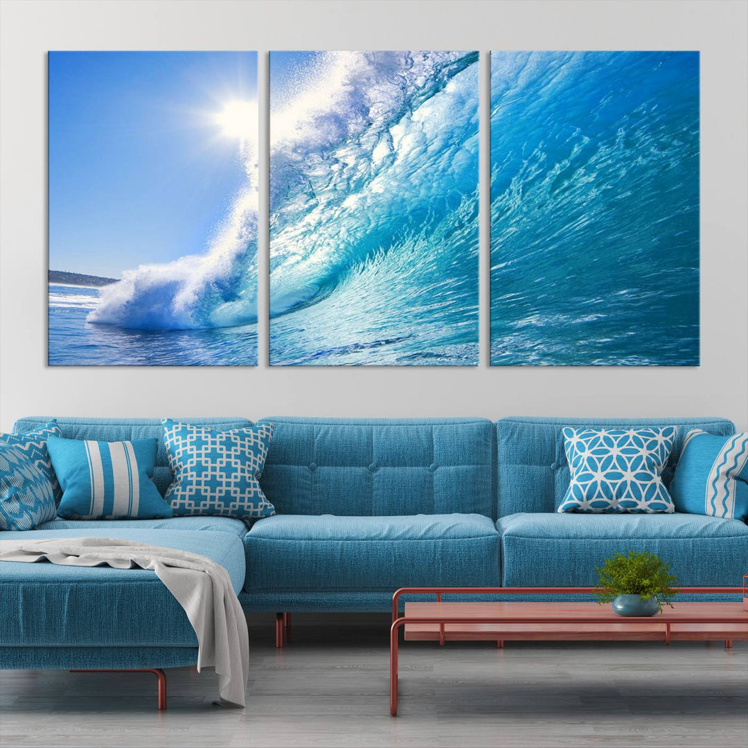 Blue Big Wave Surfing Ocean Canvas Wall Art Artwork Print , Surf Wall Art, Sea Wall Art