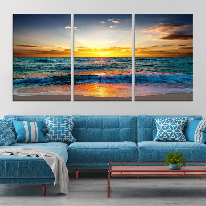 Vibrant Ocean Sunrise Over Golden Beach Waves, Giclee Canvas Wall Art Set, High-Quality Stretched Canvas Print, Ready to Hang Coastal Sunset Wall