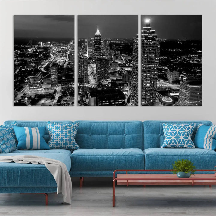 The Atlanta City Lights Skyline Black and White Wall Art Cityscape Canvas Print is elegantly displayed on the wall. These museum-quality canvases arrive ready to hang, making your art display both effortless and sophisticated.