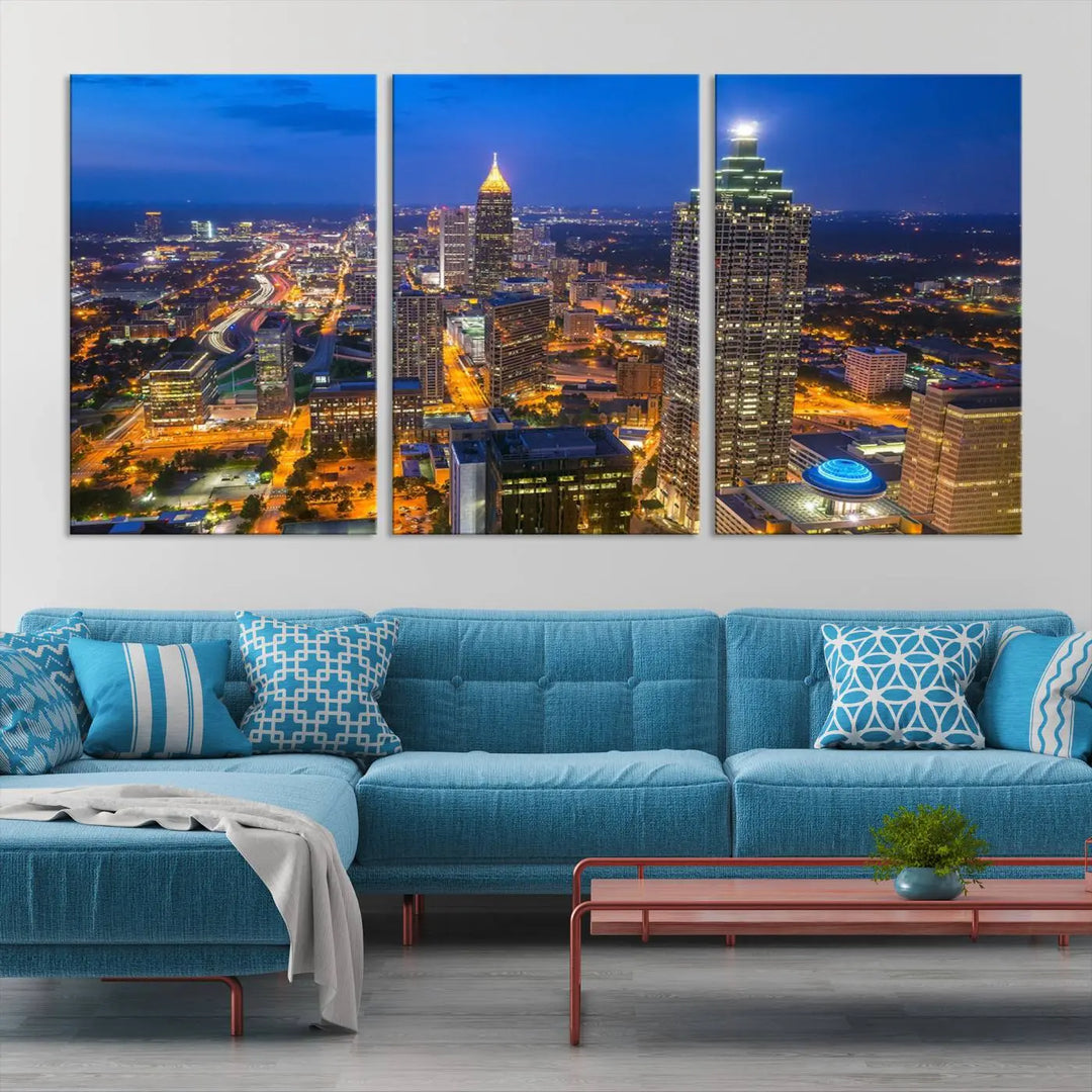 An elegant Atlanta City Blue Skyline Cityscape View Wall Art Canvas Print graces the wall, offering a sophisticated addition to your living space. Enjoy free shipping on this stylish piece.