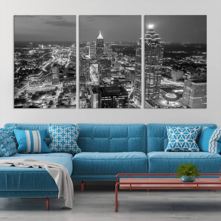 Atlanta City Skyline Art mural noir et blanc Paysage urbain Impression sur toile