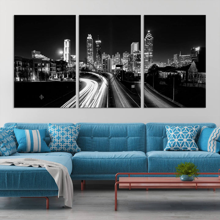 Atlanta City Lights Skyline Art mural noir et blanc Paysage urbain Impression sur toile