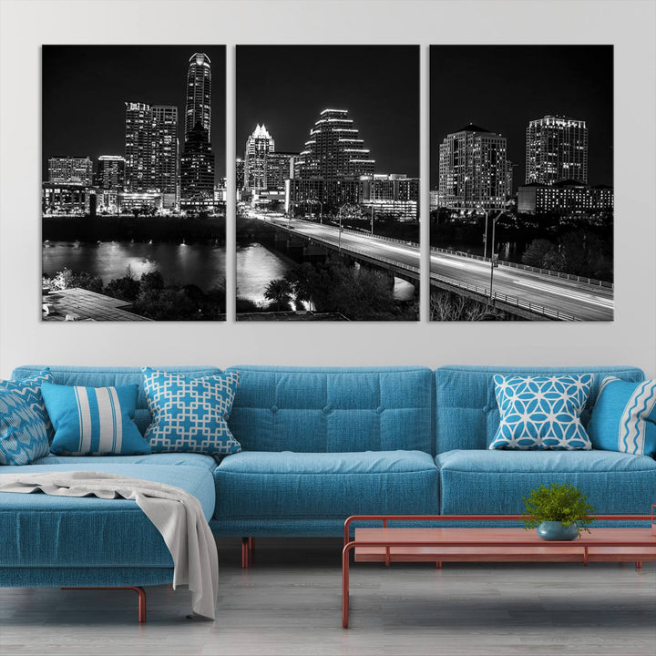 Austin City Lights Skyline Black and White Wall Art Canvas Print