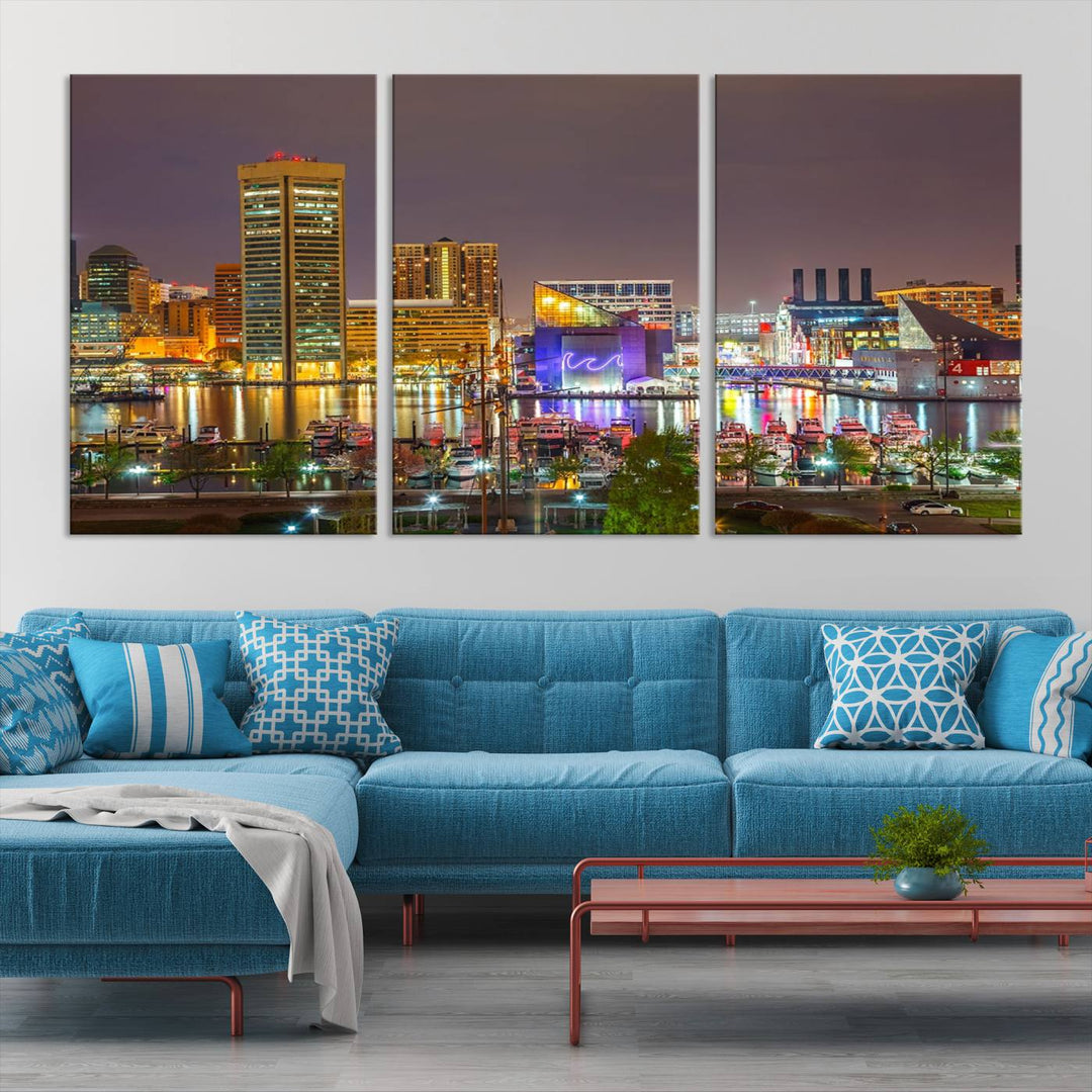 The Baltimore City Lights Night Skyline Cityscape View Wall Art Canvas Print is elegantly displayed on museum-quality canvas.