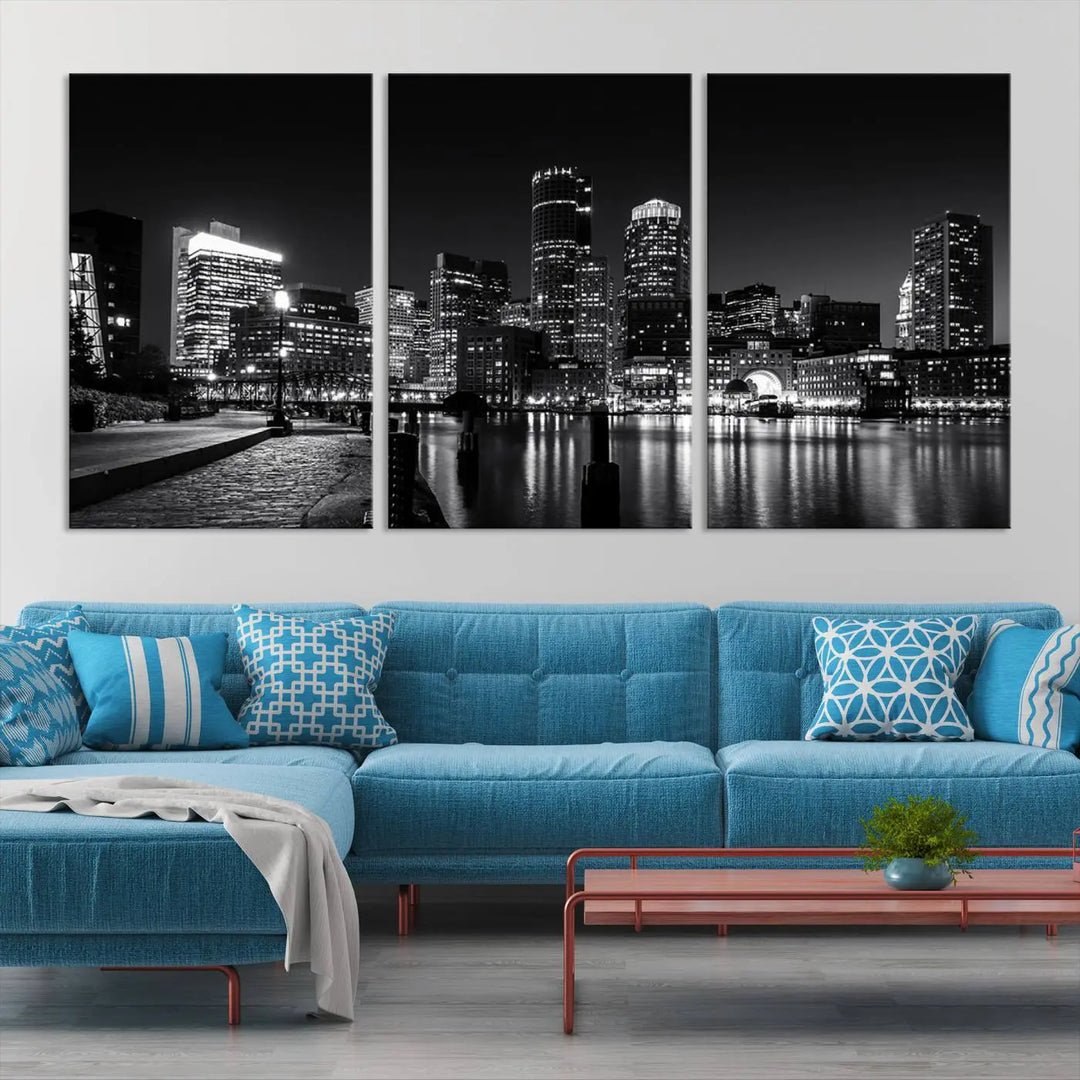 The living room showcases the Boston City Lights Skyline Black and White Wall Art Canvas Print.