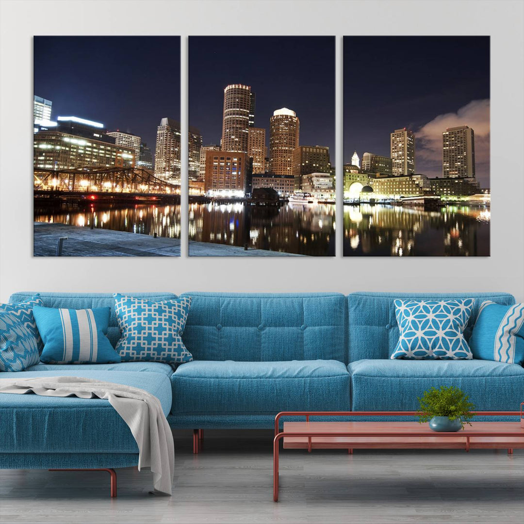 The Boston City Lights Skyline Cityscape View Wall Art Canvas Print showcases a nighttime cityscape on museum-quality canvas.