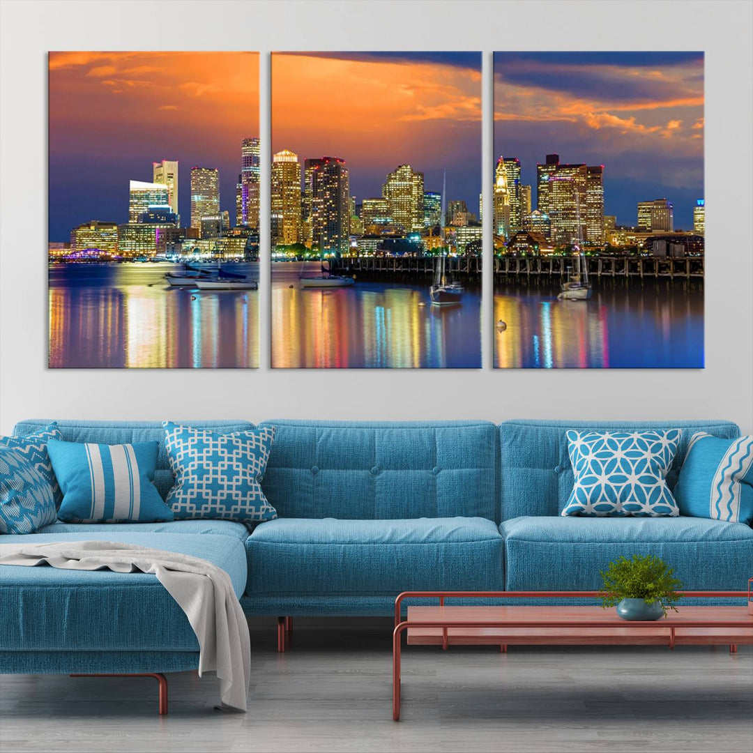 Boston City Night Blue and Orange Skyline Cityscape View Wall Art Canvas Print 