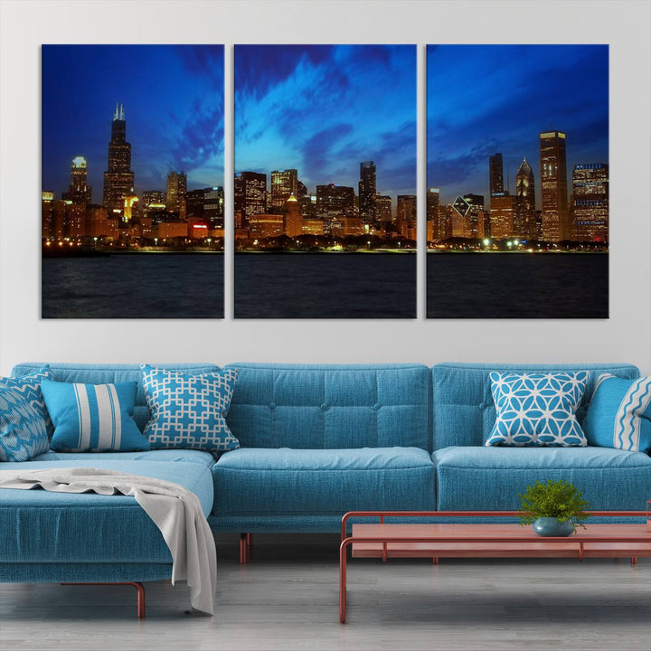 The "Chicago City Lights Night Blue Wall Art Canvas Print," a triptych of a city skyline at dusk rendered on museum-quality canvas with UV-protective coating, is featured in the living room.