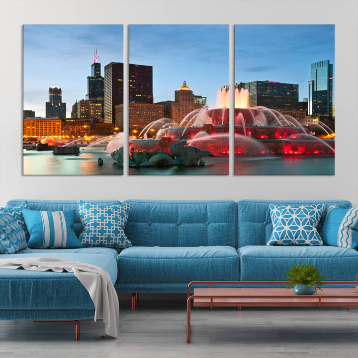 Impresión en lienzo de arte de pared grande con vista del paisaje urbano del horizonte nocturno de las luces de la ciudad de Chicago