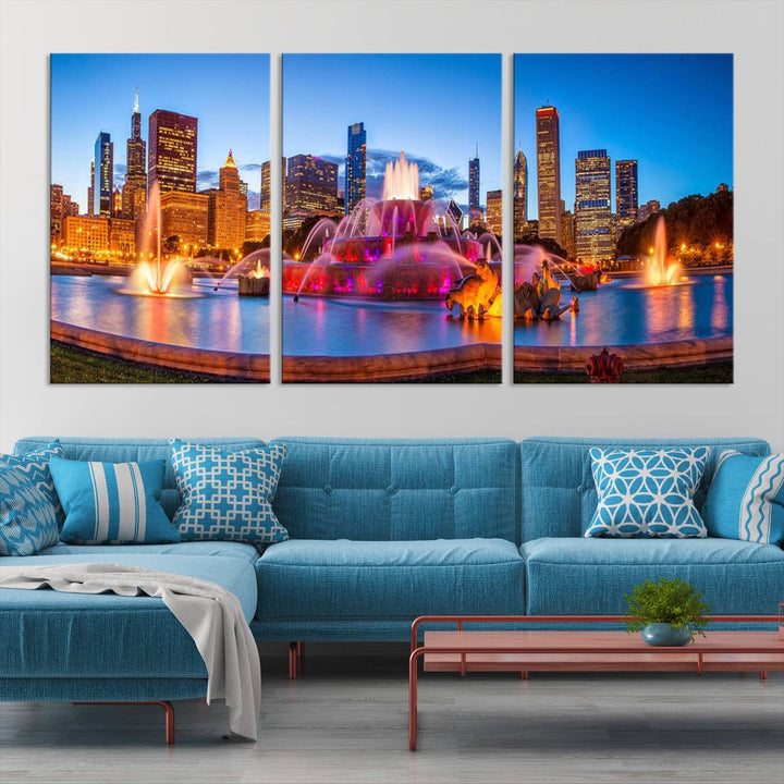 Chicago City Colorful Lights Night Skyline Cityscape View Wall Art Canvas Print