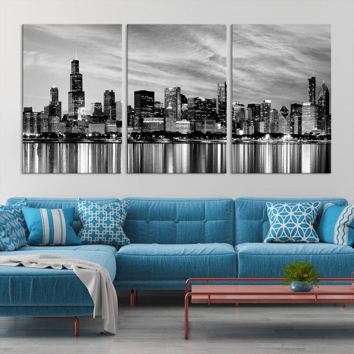 Chicago City Cloudy Skyline Black and White Wall Art Cityscape Canvas Print