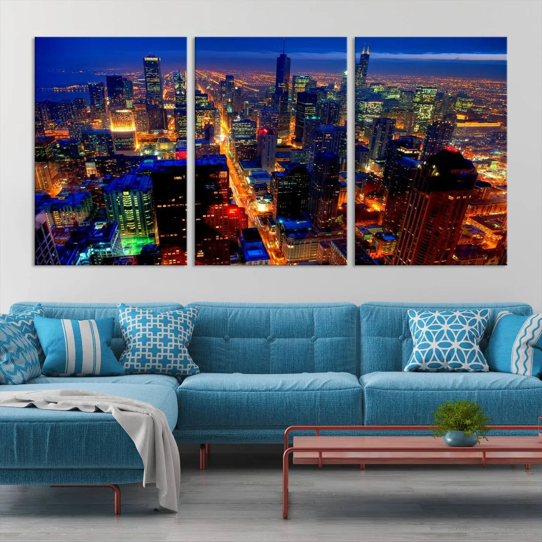 The "Chicago Night Skyline Wall Art" on museum-quality canvas adds long-lasting appeal to the living room.