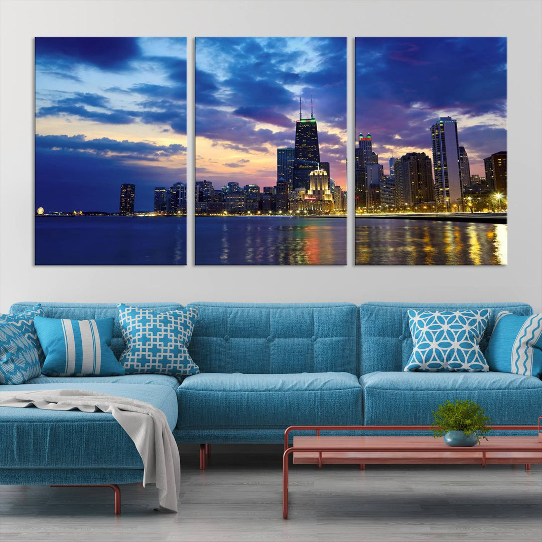 Chicago City Lights Night Cloudy Blue Skyline Cityscape View Wall Art Canvas Print