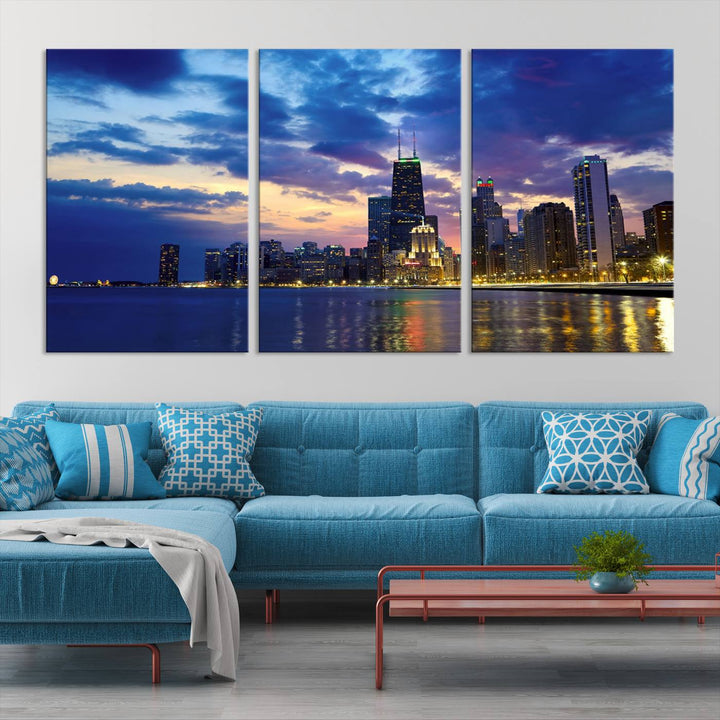 Chicago City Lights Nuit Nuageux Bleu Skyline Cityscape View Wall Art Impression sur toile