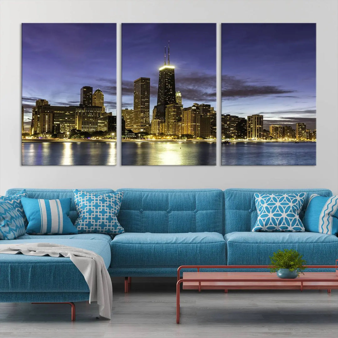 Chicago Night Skyline Cityscape Canvas Picture Print is a stunning three-panel wall art piece, perfect for adding sophistication to any setting. Crafted by professional artisans, this artwork features museum-quality canvases designed to enhance your space. Enjoy free shipping with your purchase.