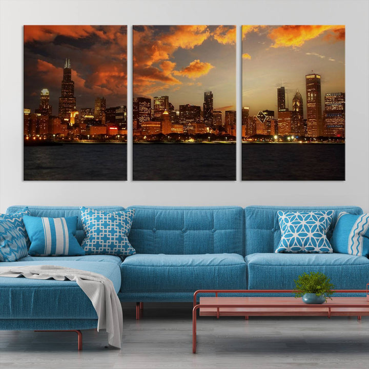 Chicago City Lights Sunset Orange Cloudy Skyline Cityscape View Wall Art Canvas Print