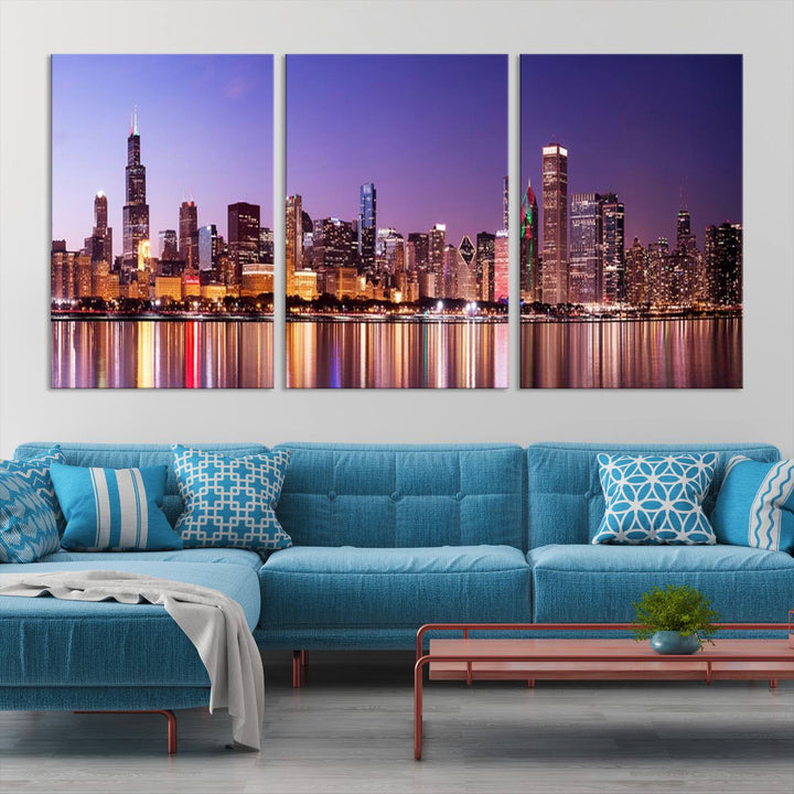 Chicago City Lights Night Purple Skyline Cityscape View Wall Art Canvas Print