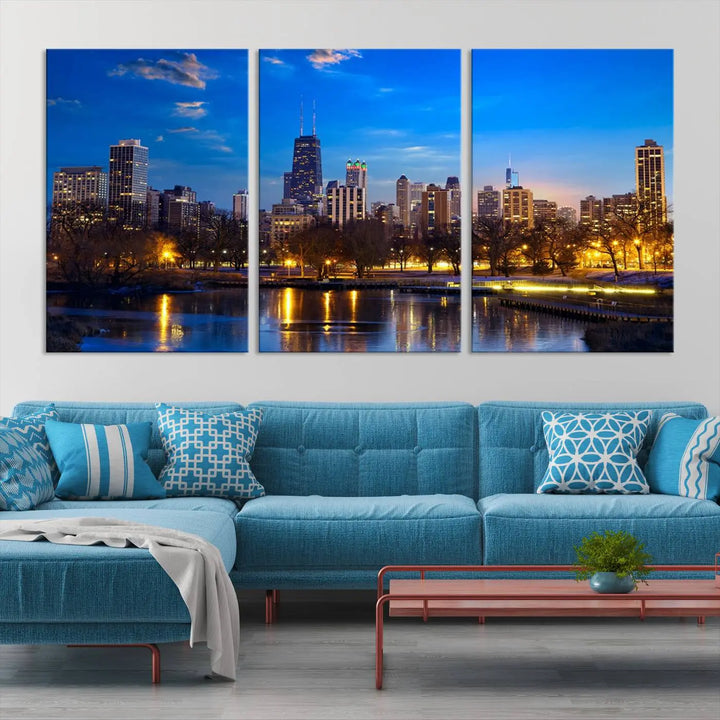 A triptych photo titled "Chicago City Lights Night Blue Skyline Cityscape View Wall Art Canvas Print" is elegantly displayed on gallery-wrapped, museum-quality canvases.