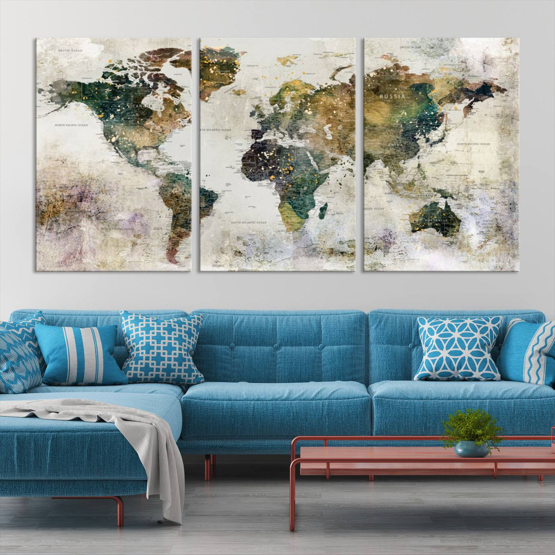 Impresión de arte de pared de mapa del mundo grande - Mapa en lienzo Galería Juego de pared de 3 paneles Regalo para mapa de viajero