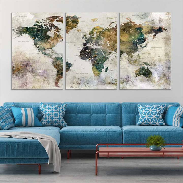 Carte du monde, impression d'art mural, carte sur toile, ensemble mural de 3 panneaux, cadeau, carte de voyage