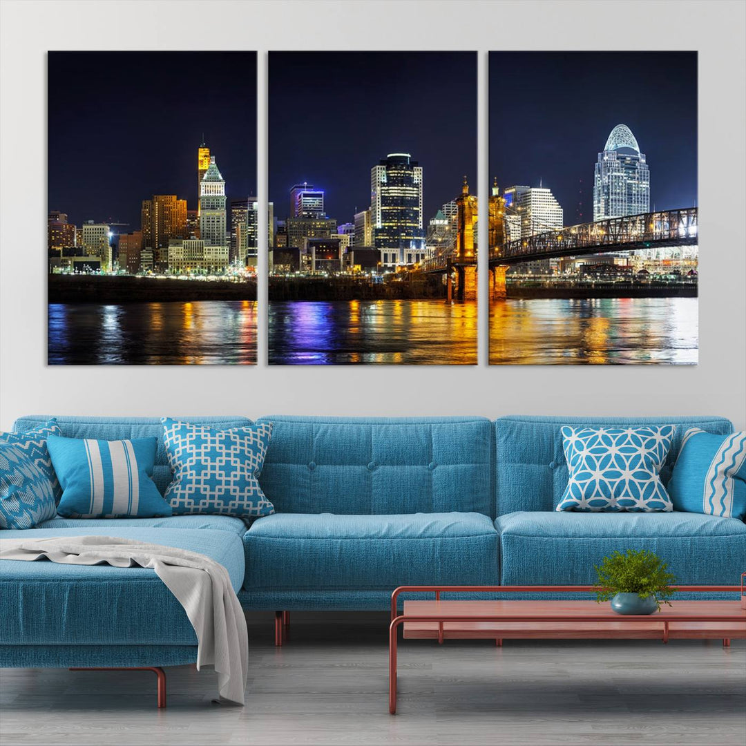 The Cincinnati City Lights Night Skyline Cityscape View Wall Art Canvas Print, crafted on museum-quality canvas with UV-protective coating and ready to hang, adds a touch of sophistication to the wall.