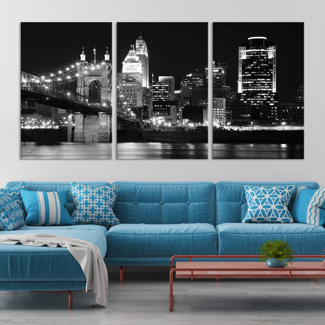 The Cincinnati City Skyline Black and White Wall Art Cityscape Canvas Print is prominently displayed.